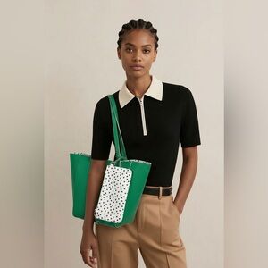 Tommy Bahama Tote Bag Large Faux Leather Reversible Green White Polkadot w/Pouch